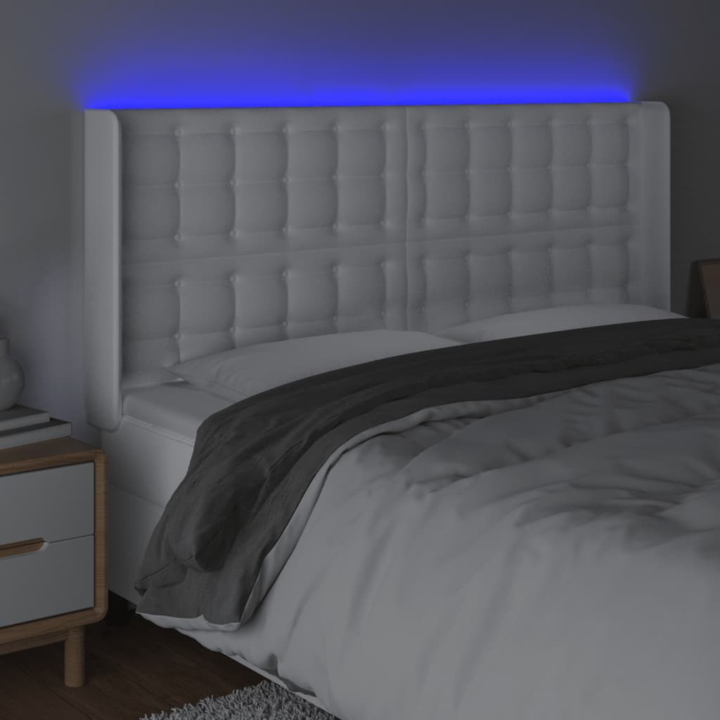 vidaXL Tăblie de pat cu LED, alb, 147x16x118/128 cm, piele ecologică