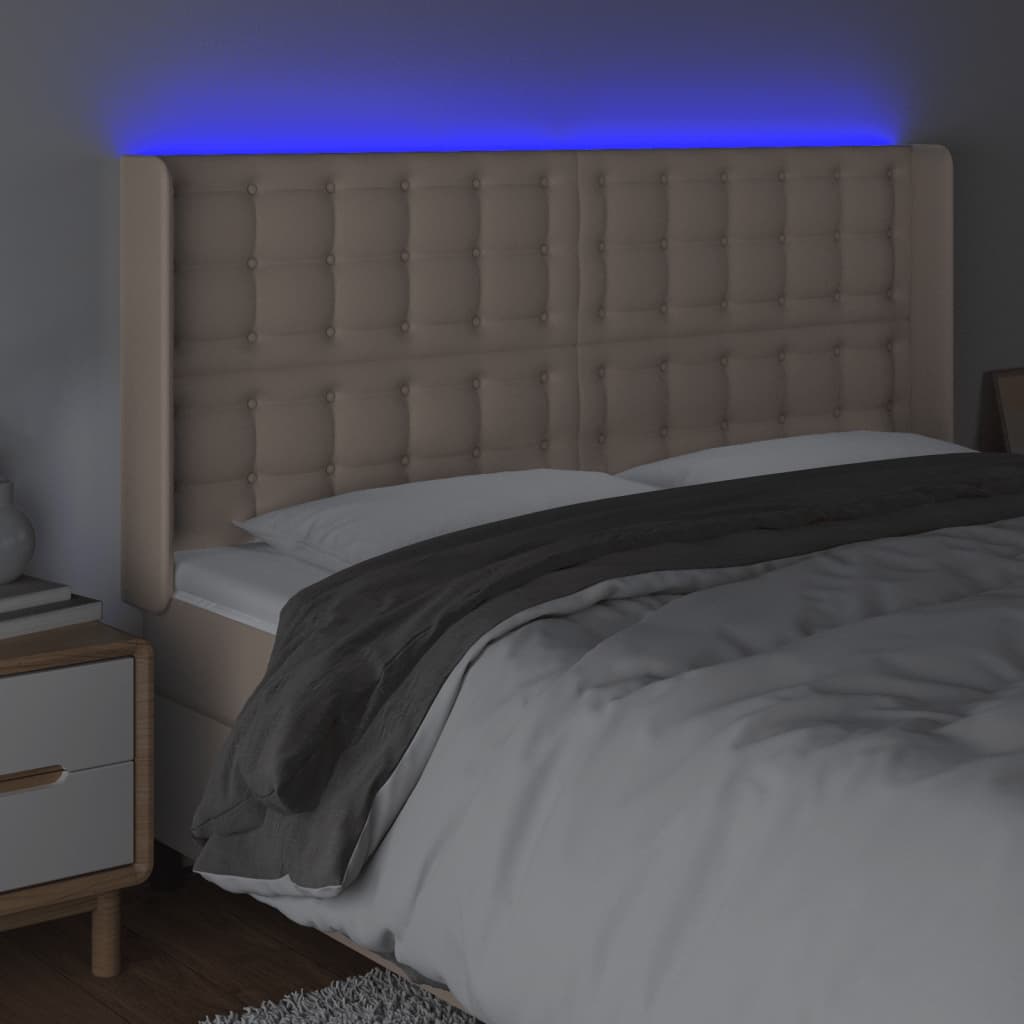 vidaXL Tăblie de pat cu LED, cappuccino, 147x16x118/128 cm, piele eco