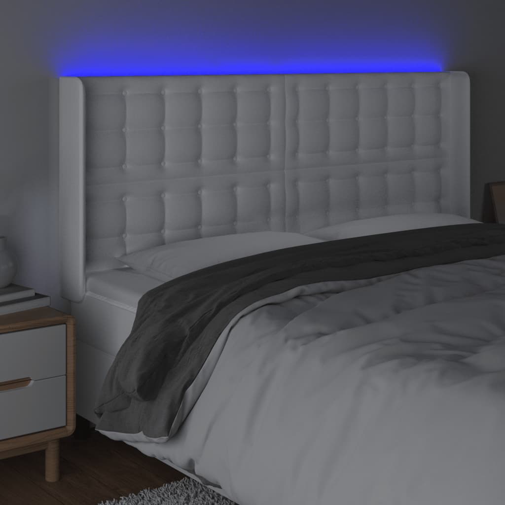 vidaXL Tăblie de pat cu LED, alb, 163x16x118/128 cm, piele ecologică vidaXL Tăblie de pat cu LED, alb, 163x16x118/128 cm, piele ecologică