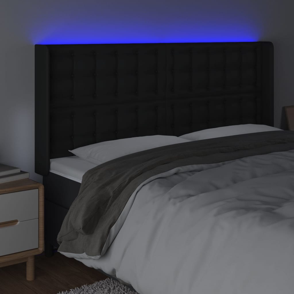 vidaXL Tăblie de pat cu LED, negru, 183x16x118/128 cm, piele ecologică