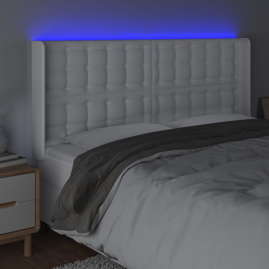 vidaXL Tăblie de pat cu LED, alb, 183x16x118/128 cm, piele ecologică vidaXL Tăblie de pat cu LED, alb, 183x16x118/128 cm, piele ecologică
