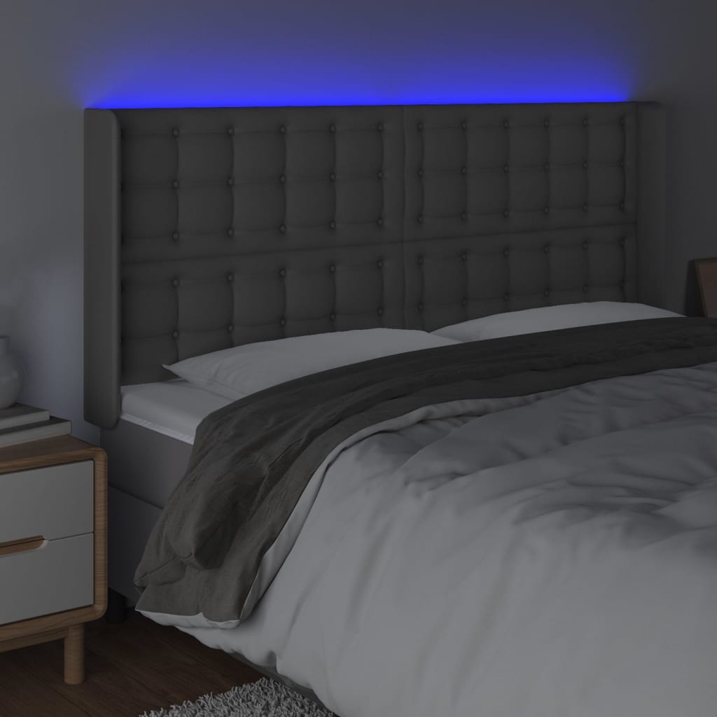 vidaXL Tăblie de pat cu LED, gri, 183x16x118/128 cm, piele ecologică