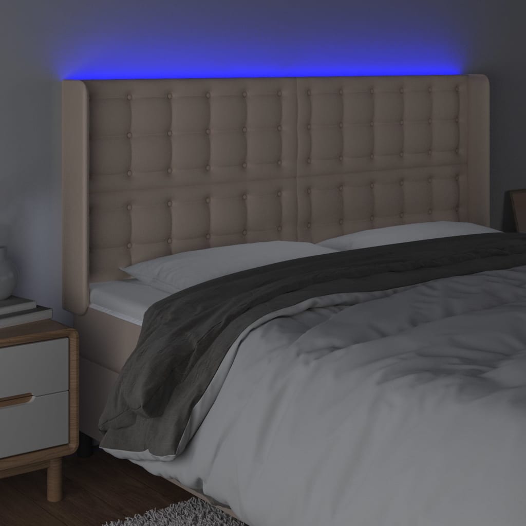 vidaXL Tăblie de pat cu LED, cappuccino, 183x16x118/128 cm, piele eco