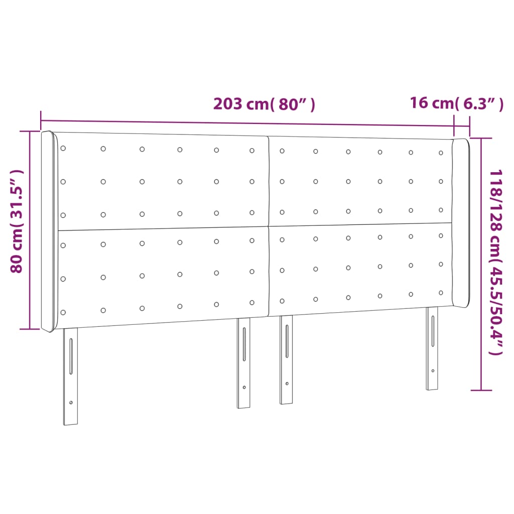 vidaXL Tăblie de pat cu LED, alb, 203x16x118/128 cm, piele ecologică