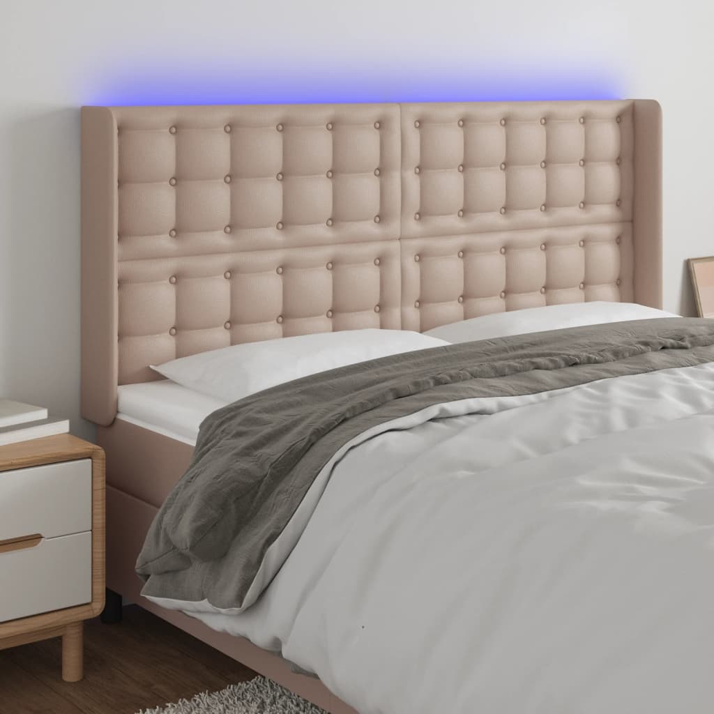 vidaXL Tăblie de pat cu LED, cappuccino, 203x16x118/128 cm, piele eco vidaXL Tăblie de pat cu LED, cappuccino, 203x16x118/128 cm, piele eco