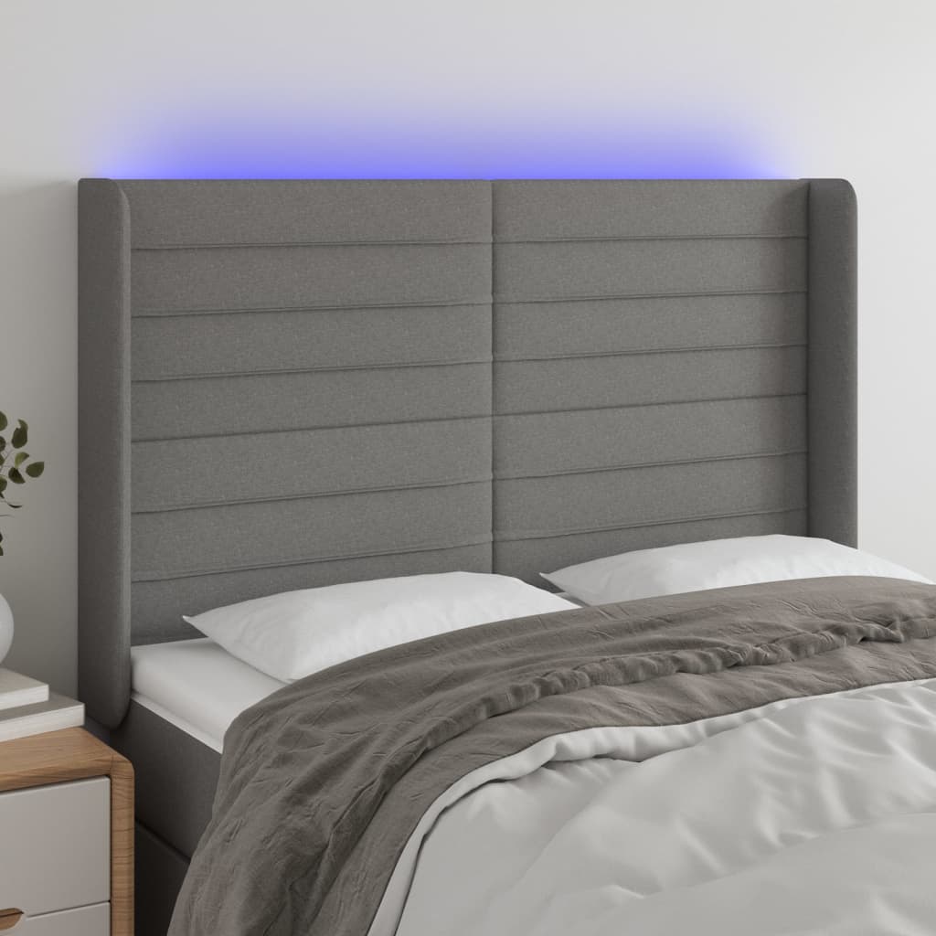 vidaXL Tăblie de pat cu LED, gri închis, 147x16x118/128 cm, textil vidaXL Tăblie de pat cu LED, gri închis, 147x16x118/128 cm, textil