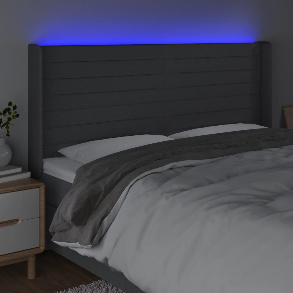 vidaXL Tăblie de pat cu LED, gri închis, 163x16x118/128 cm, textil vidaXL Tăblie de pat cu LED, gri închis, 163x16x118/128 cm, textil
