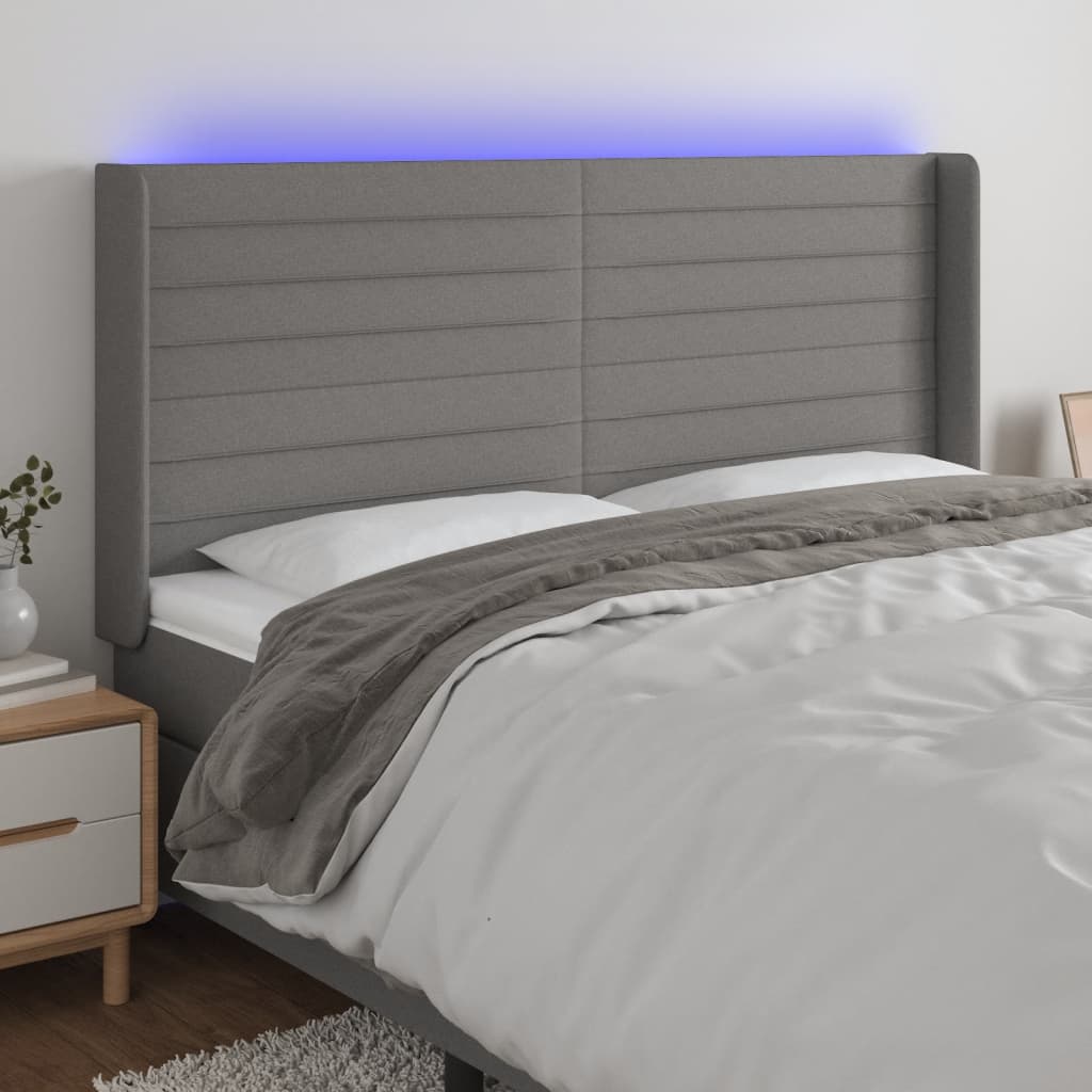 vidaXL Tăblie de pat cu LED, gri închis, 163x16x118/128 cm, textil vidaXL Tăblie de pat cu LED, gri închis, 163x16x118/128 cm, textil