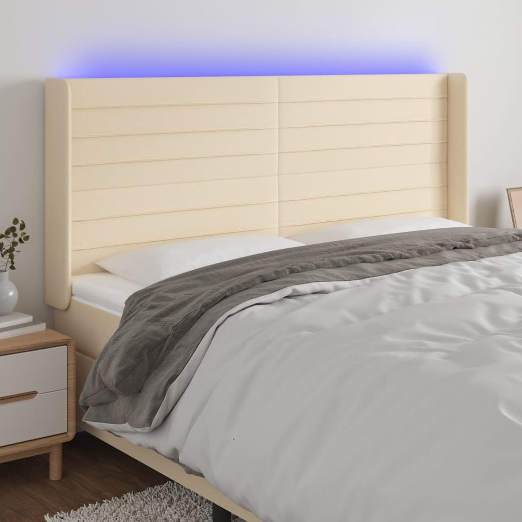 vidaXL Tăblie de pat cu LED, crem, 163x16x118/128 cm, textil vidaXL Tăblie de pat cu LED, crem, 163x16x118/128 cm, textil
