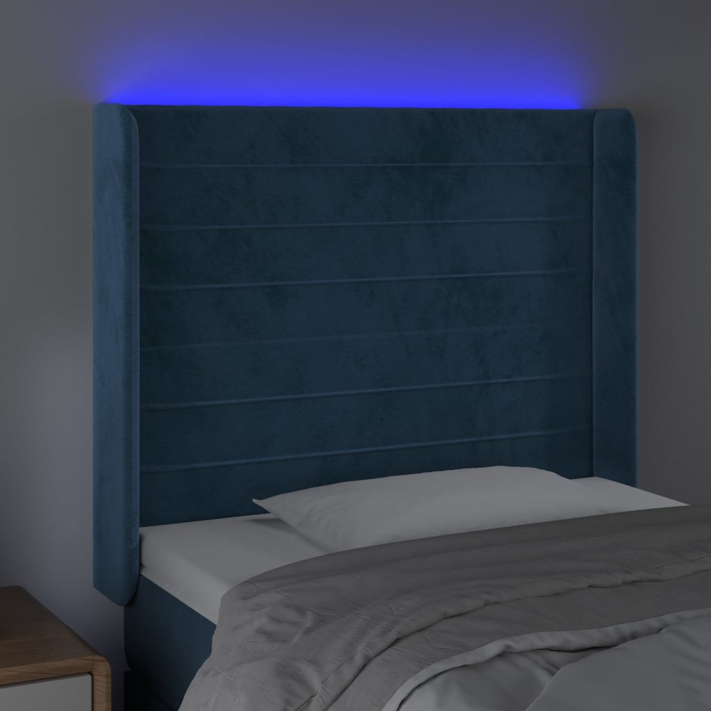 vidaXL Tăblie de pat cu LED, albastru închis, 83x16x118/128cm, catifea