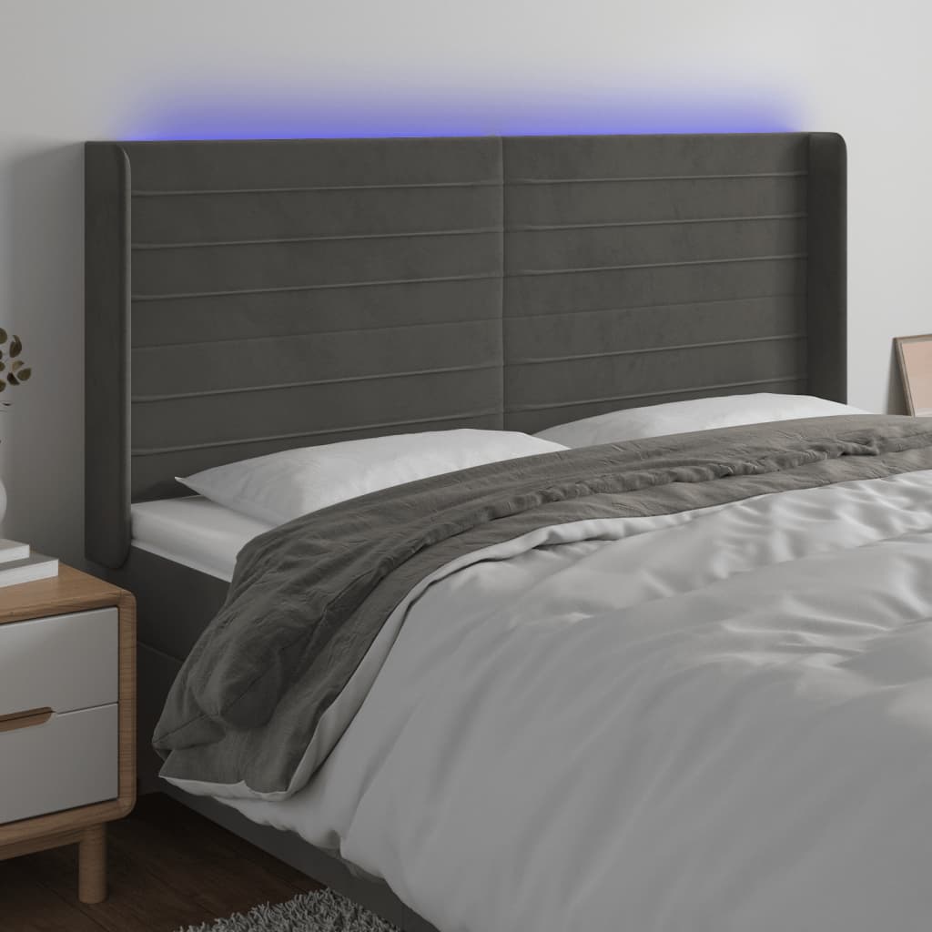 vidaXL Tăblie de pat cu LED, gri închis, 163x16x118/128 cm, catifea vidaXL Tăblie de pat cu LED, gri închis, 163x16x118/128 cm, catifea