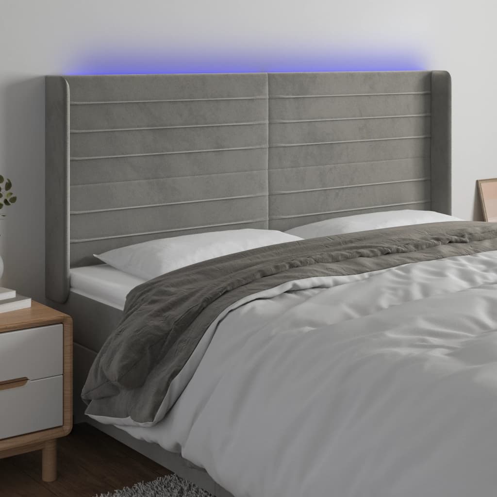 vidaXL Tăblie de pat cu LED, gri deschis, 203x16x118/128 cm, catifea vidaXL Tăblie de pat cu LED, gri deschis, 203x16x118/128 cm, catifea
