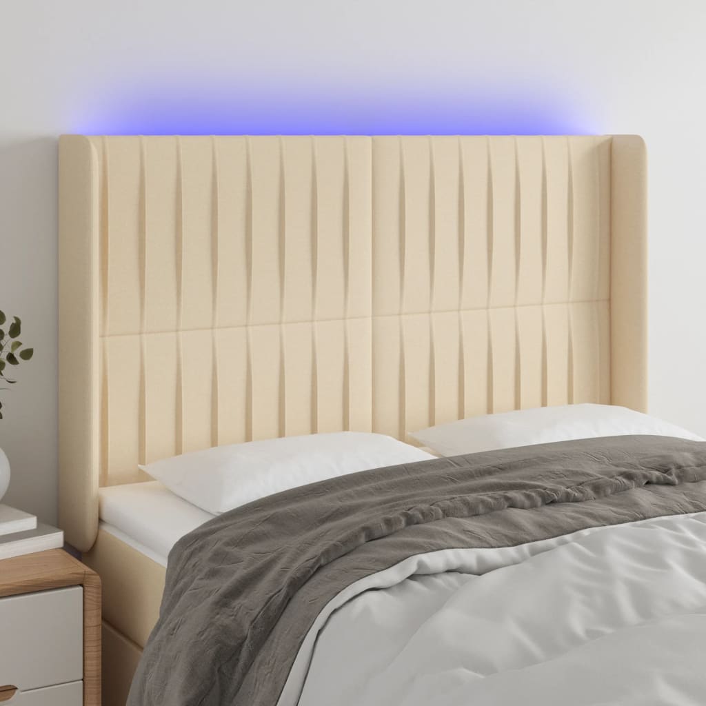 vidaXL Tăblie de pat cu LED, crem, 147x16x118/128 cm, textil vidaXL Tăblie de pat cu LED, crem, 147x16x118/128 cm, textil