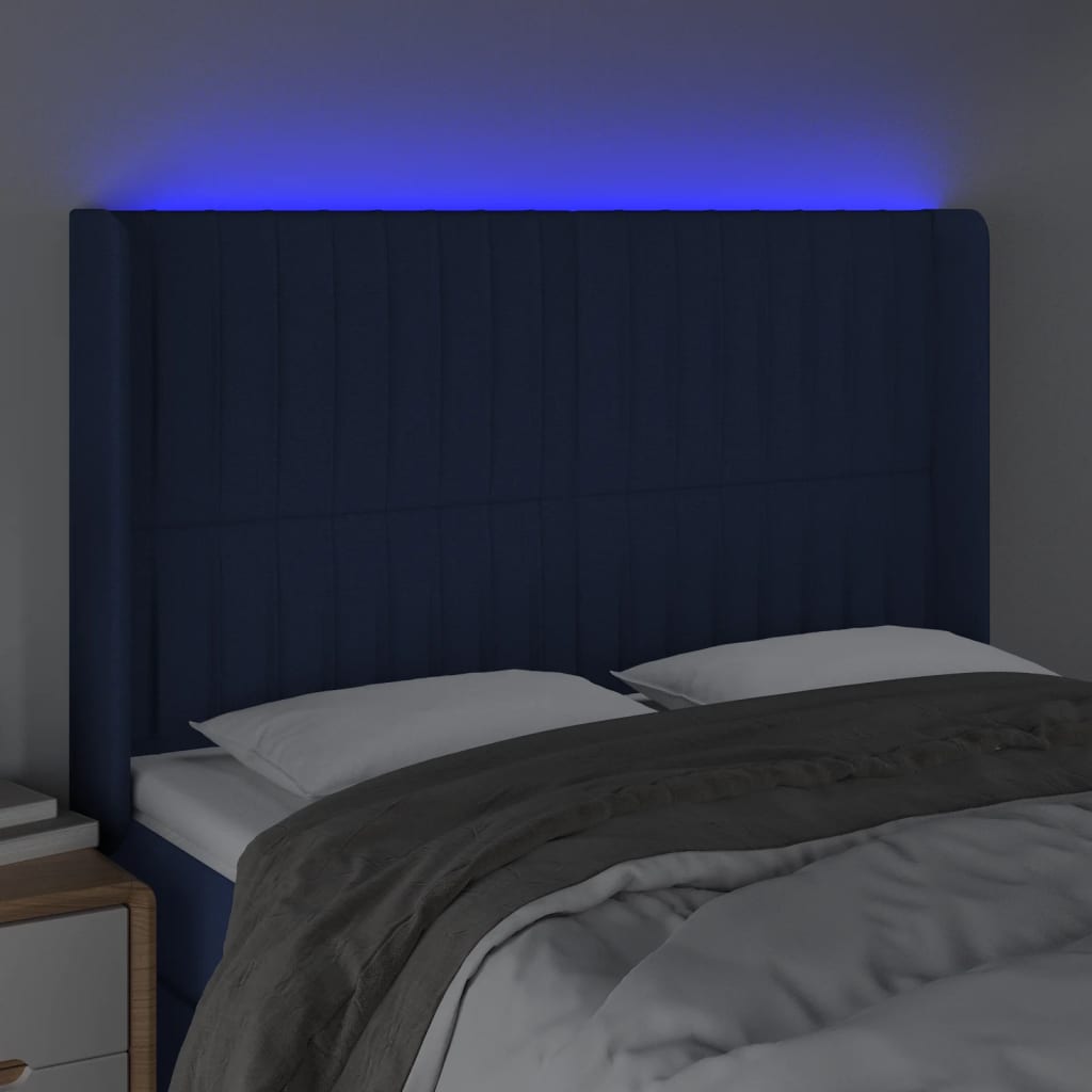 vidaXL Tăblie de pat cu LED, albastru, 147x16x118/128 cm, textil vidaXL Tăblie de pat cu LED, albastru, 147x16x118/128 cm, textil