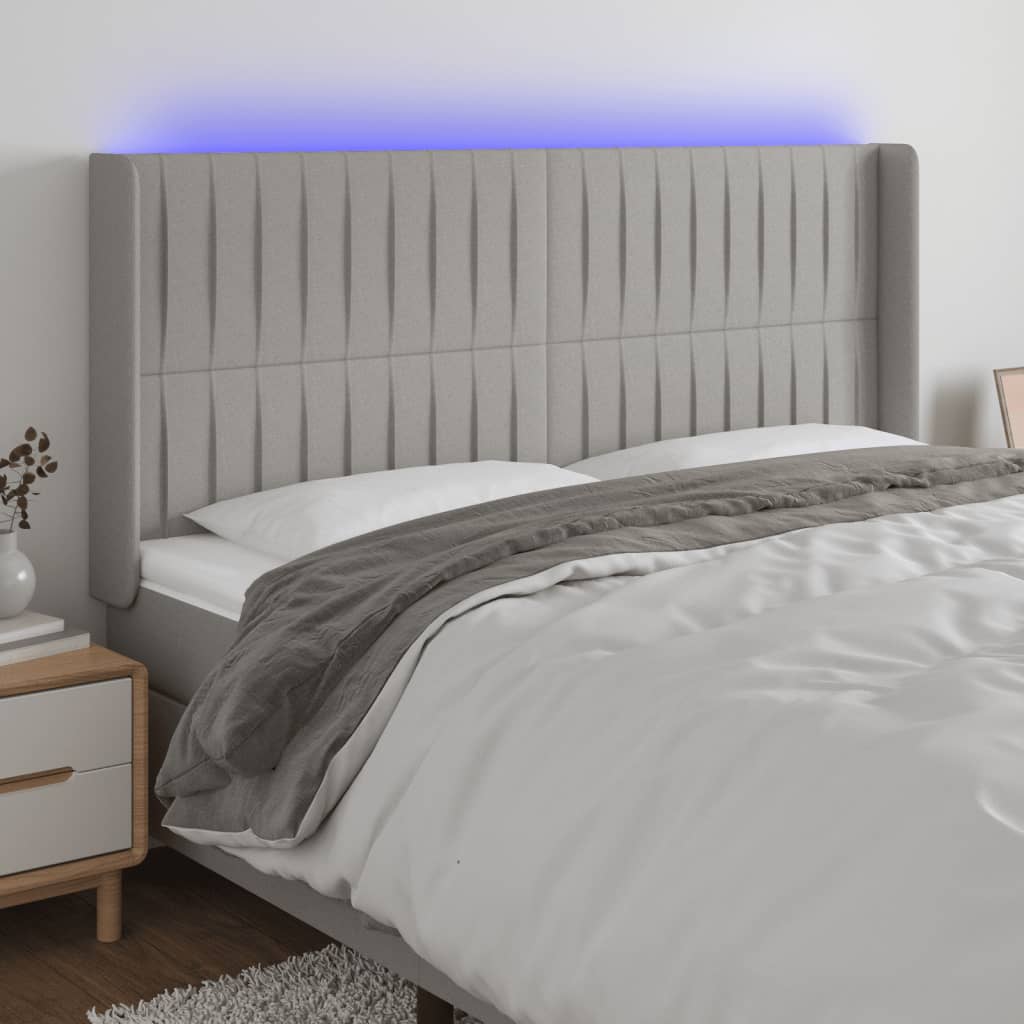 vidaXL Tăblie de pat cu LED, gri deschis, 163x16x118/128 cm, textil vidaXL Tăblie de pat cu LED, gri deschis, 163x16x118/128 cm, textil