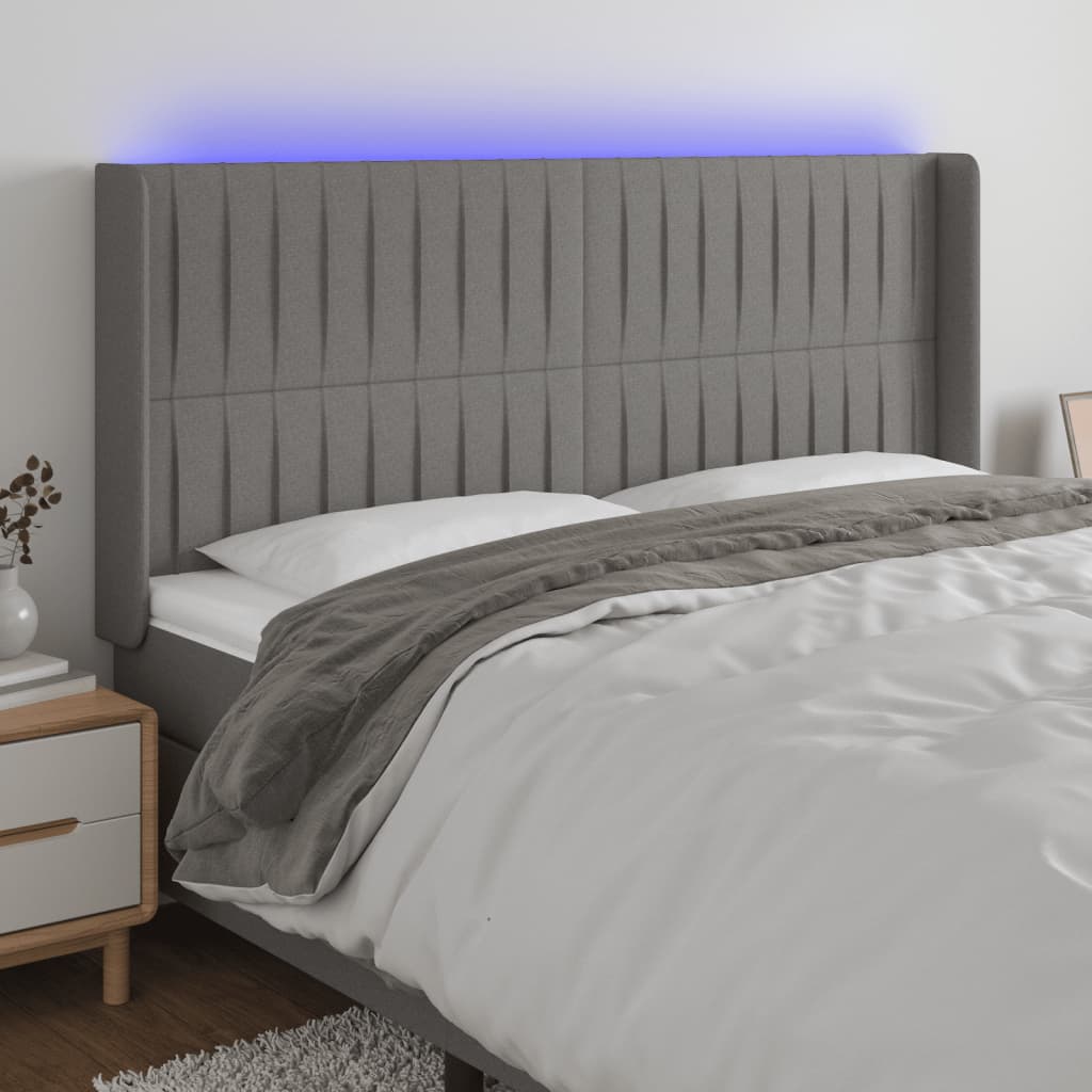 vidaXL Tăblie de pat cu LED, gri închis, 163x16x118/128 cm, textil vidaXL Tăblie de pat cu LED, gri închis, 163x16x118/128 cm, textil