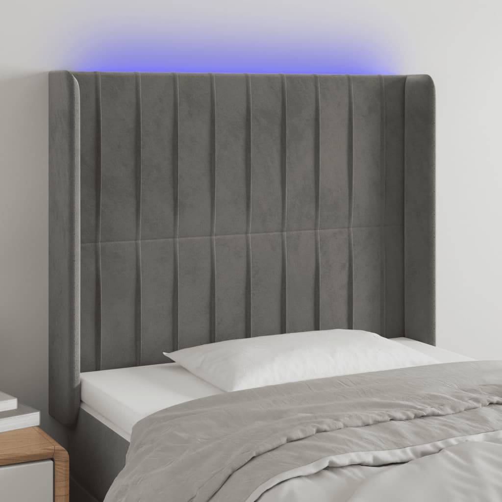 vidaXL Tăblie de pat cu LED, gri deschis, 83x16x118/128 cm, catifea vidaXL Tăblie de pat cu LED, gri deschis, 83x16x118/128 cm, catifea