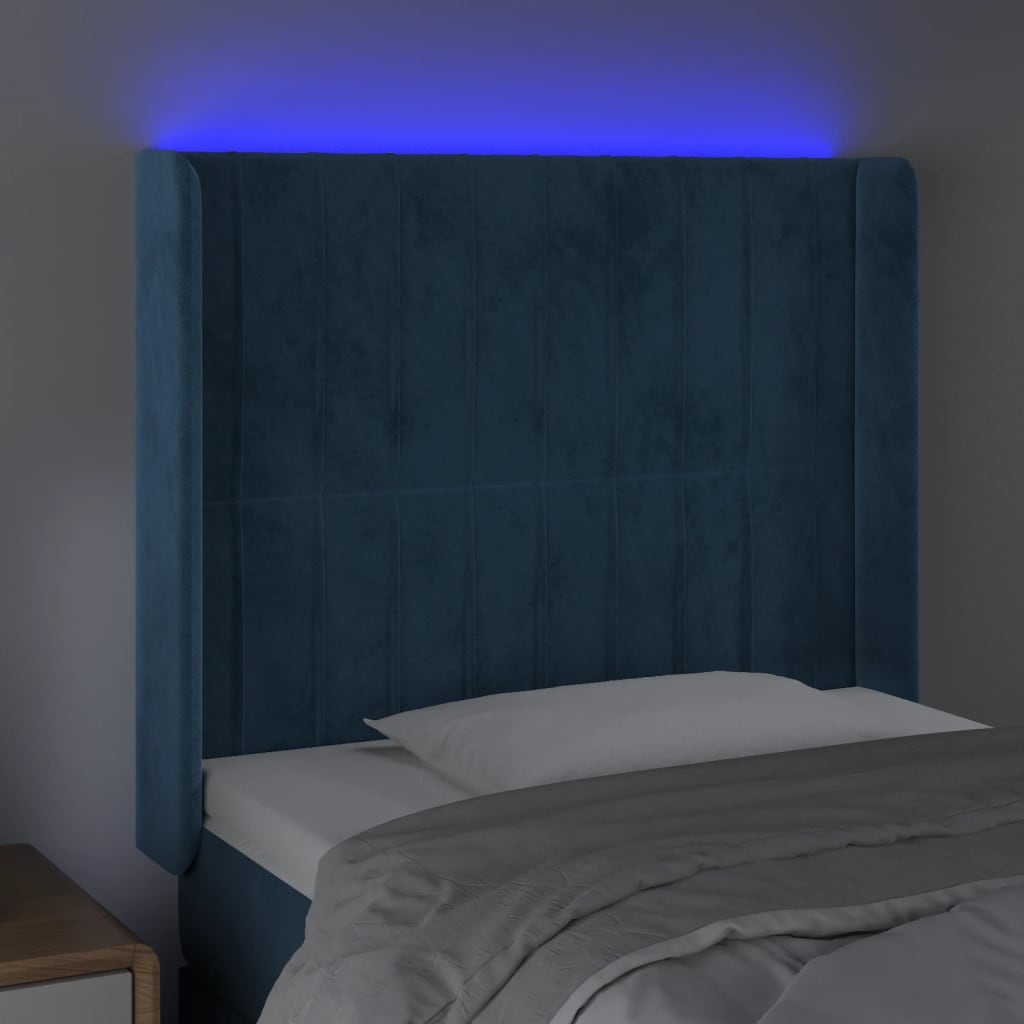 vidaXL Tăblie de pat cu LED, albastru închis, 93x16x118/128cm, catifea