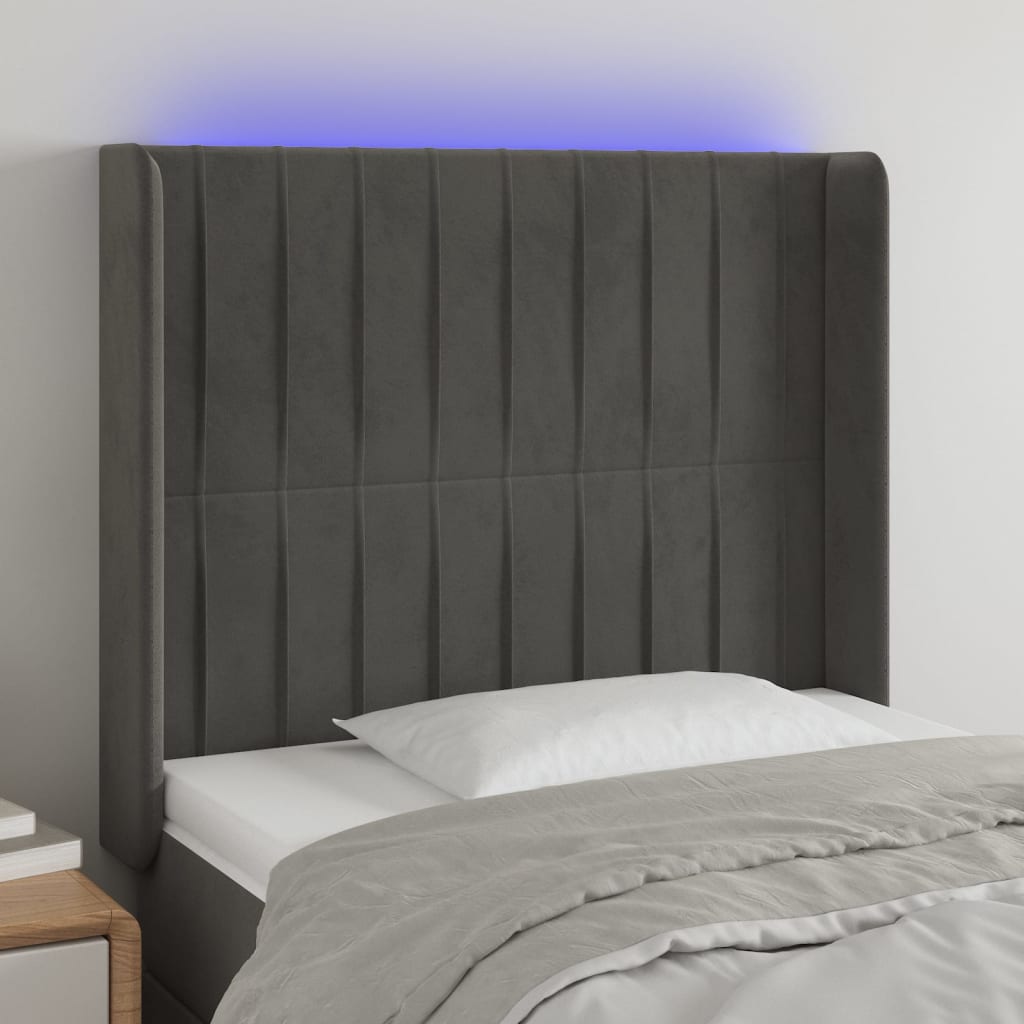 vidaXL Tăblie de pat cu LED, gri închis, 103x16x118/128 cm, catifea vidaXL Tăblie de pat cu LED, gri închis, 103x16x118/128 cm, catifea