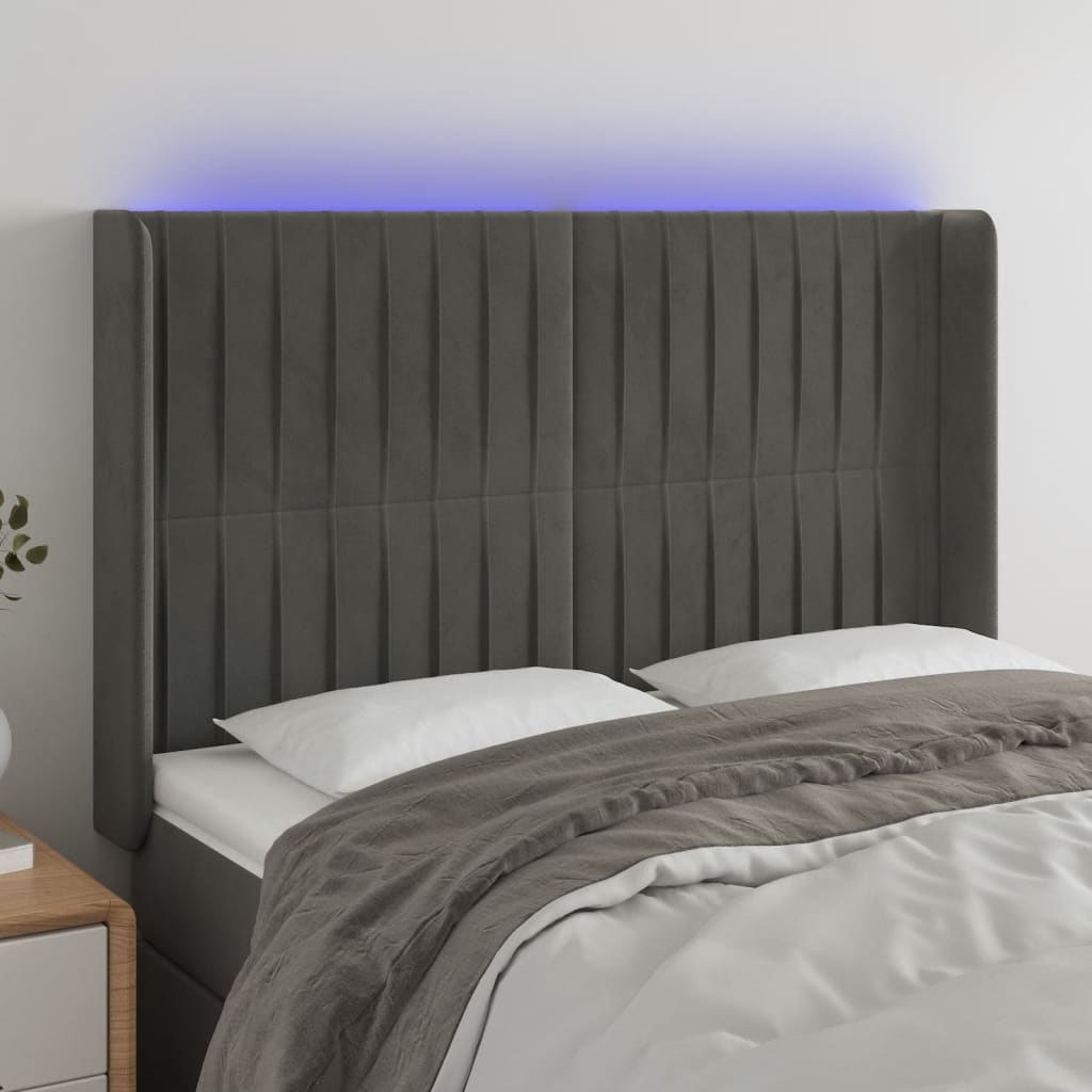 vidaXL Tăblie de pat cu LED, gri închis, 147x16x118/128 cm, catifea vidaXL Tăblie de pat cu LED, gri închis, 147x16x118/128 cm, catifea