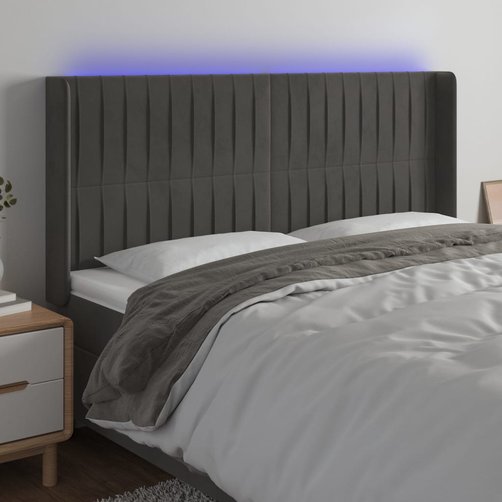vidaXL Tăblie de pat cu LED, gri închis, 163x16x118/128 cm, catifea vidaXL Tăblie de pat cu LED, gri închis, 163x16x118/128 cm, catifea