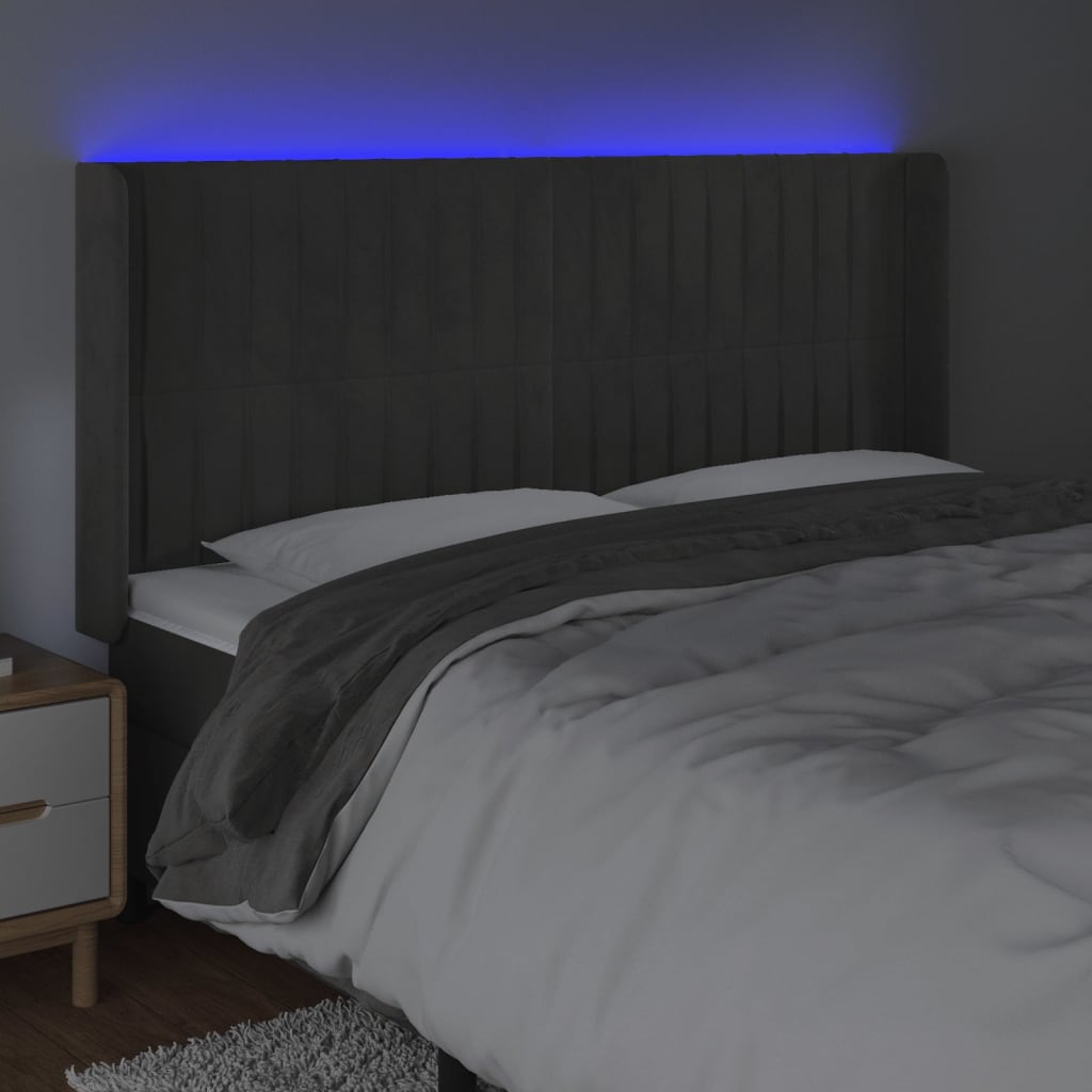 vidaXL Tăblie de pat cu LED, gri închis, 203x16x118/128 cm, catifea vidaXL Tăblie de pat cu LED, gri închis, 203x16x118/128 cm, catifea