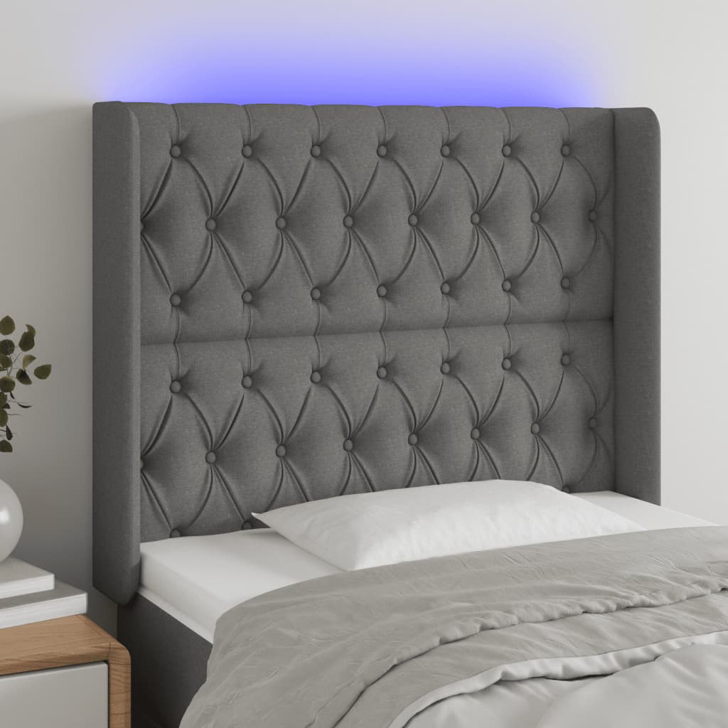 vidaXL Tăblie de pat cu LED, gri închis, 103x16x118/128 cm, textil vidaXL Tăblie de pat cu LED, gri închis, 103x16x118/128 cm, textil