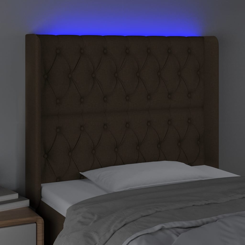 vidaXL Tăblie de pat cu LED, maro închis, 103x16x118/128 cm, textil vidaXL Tăblie de pat cu LED, maro închis, 103x16x118/128 cm, textil