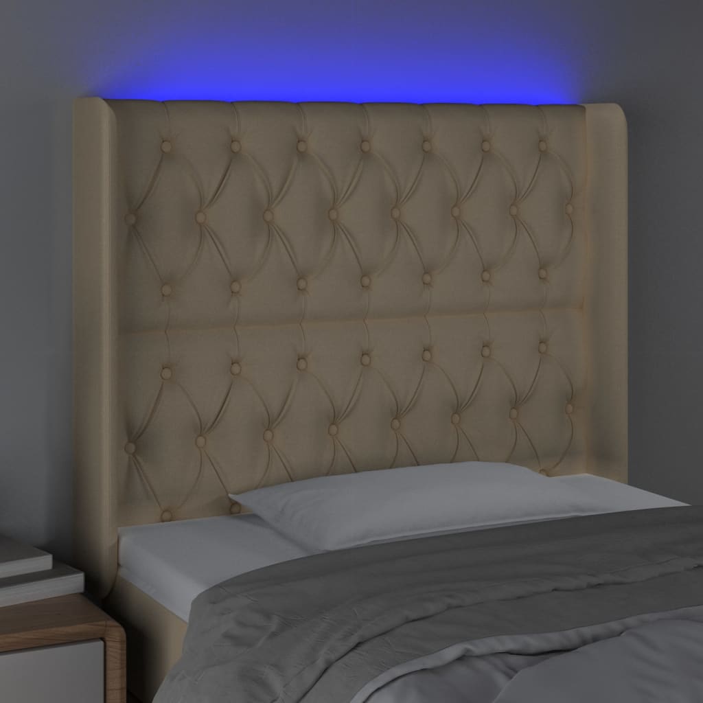 vidaXL Tăblie de pat cu LED, crem, 103x16x118/128 cm, textil vidaXL Tăblie de pat cu LED, crem, 103x16x118/128 cm, textil