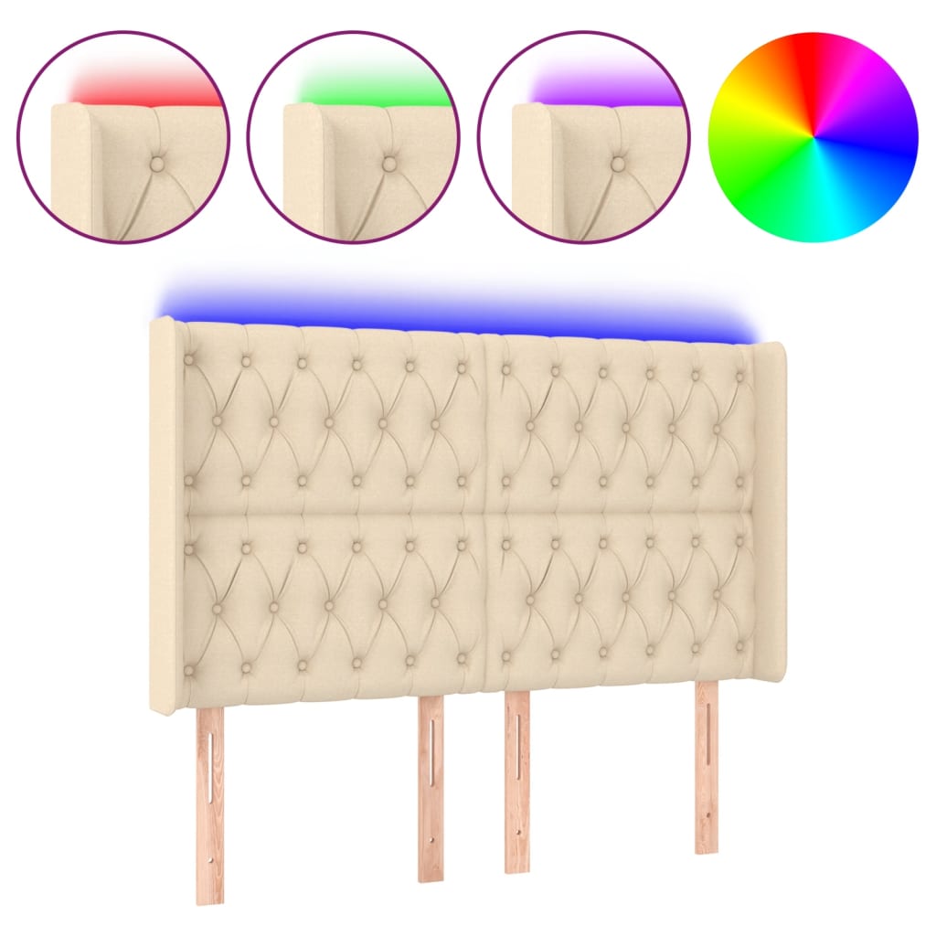 vidaXL Tăblie de pat cu LED, crem, 163x16x118/128 cm, textil