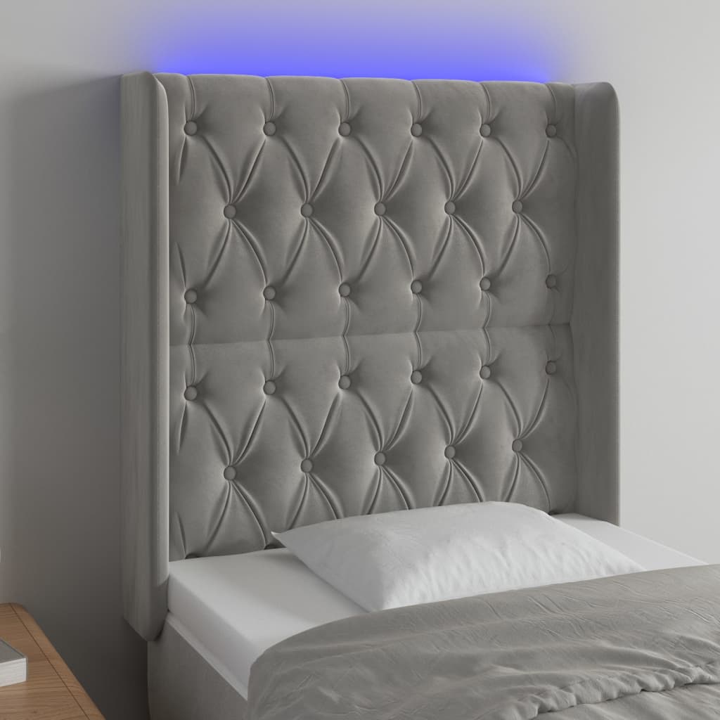 vidaXL Tăblie de pat cu LED, gri deschis, 83x16x118/128 cm, catifea vidaXL Tăblie de pat cu LED, gri deschis, 83x16x118/128 cm, catifea