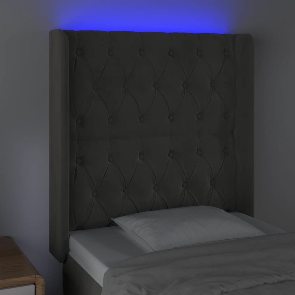 vidaXL Tăblie de pat cu LED, gri închis, 83x16x118/128 cm, catifea vidaXL Tăblie de pat cu LED, gri închis, 83x16x118/128 cm, catifea