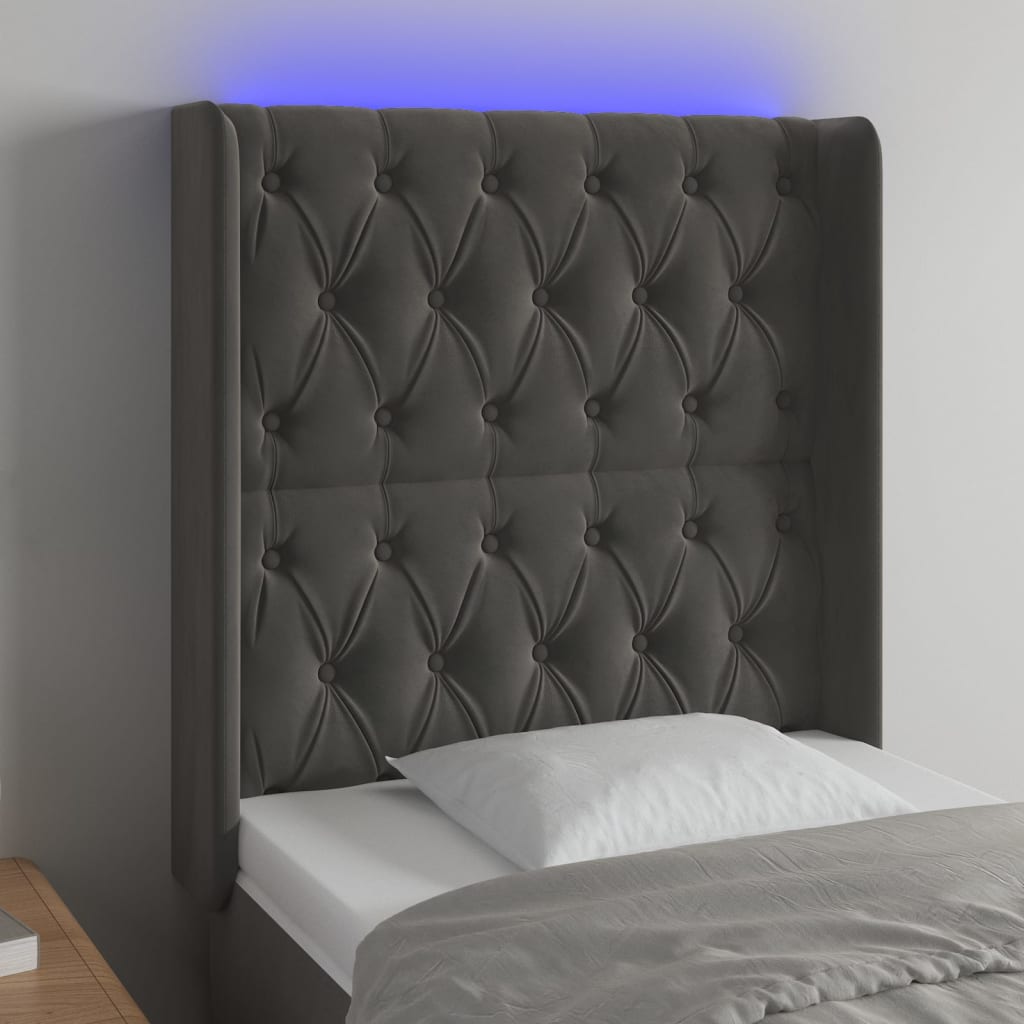 vidaXL Tăblie de pat cu LED, gri închis, 83x16x118/128 cm, catifea vidaXL Tăblie de pat cu LED, gri închis, 83x16x118/128 cm, catifea
