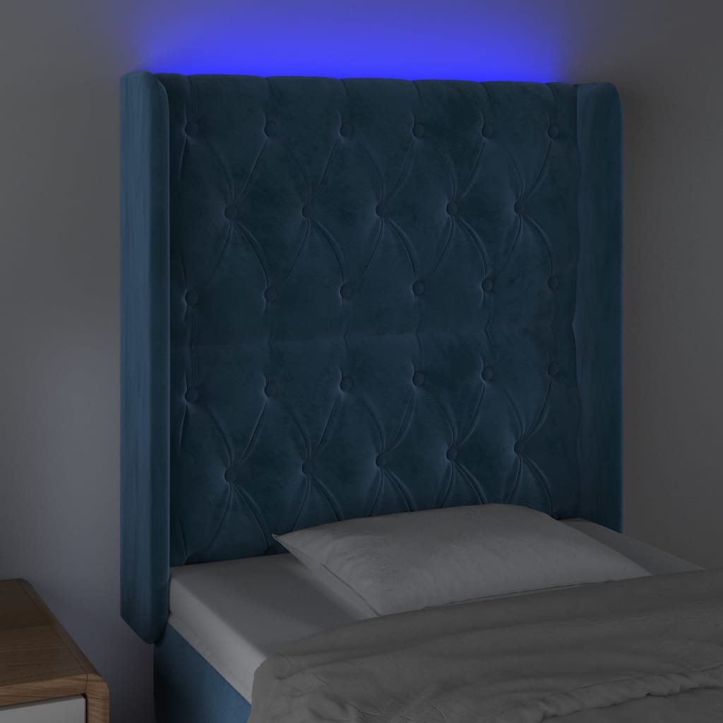 vidaXL Tăblie de pat cu LED, albastru închis, 83x16x118/128cm, catifea