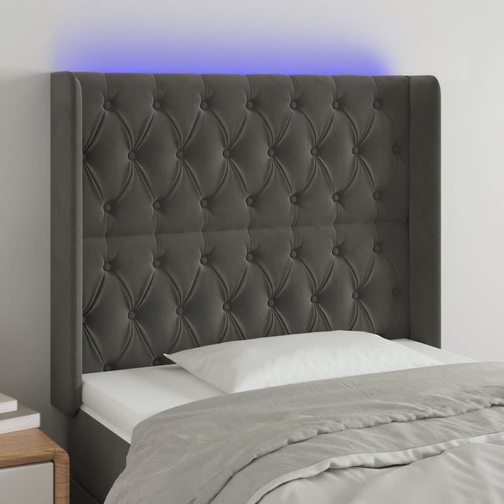 vidaXL Tăblie de pat cu LED, gri închis, 93x16x118/128 cm, catifea vidaXL Tăblie de pat cu LED, gri închis, 93x16x118/128 cm, catifea