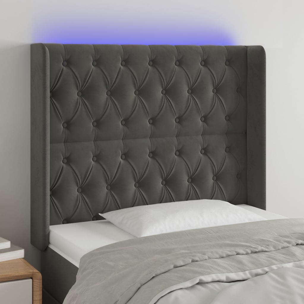 vidaXL Tăblie de pat cu LED, gri închis, 103x16x118/128 cm, catifea vidaXL Tăblie de pat cu LED, gri închis, 103x16x118/128 cm, catifea