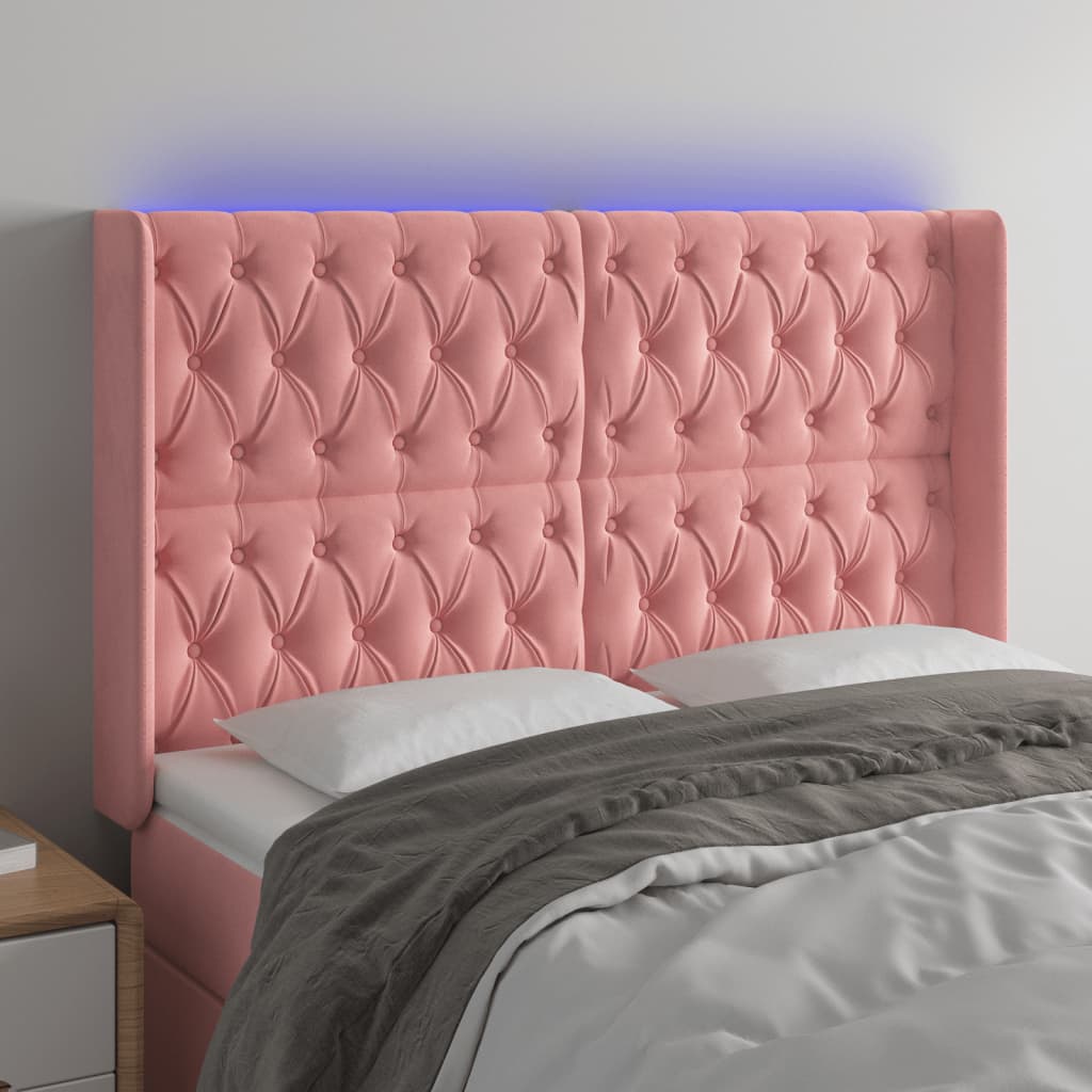 vidaXL Tăblie de pat cu LED, roz, 147x16x118/128 cm, catifea vidaXL Tăblie de pat cu LED, roz, 147x16x118/128 cm, catifea
