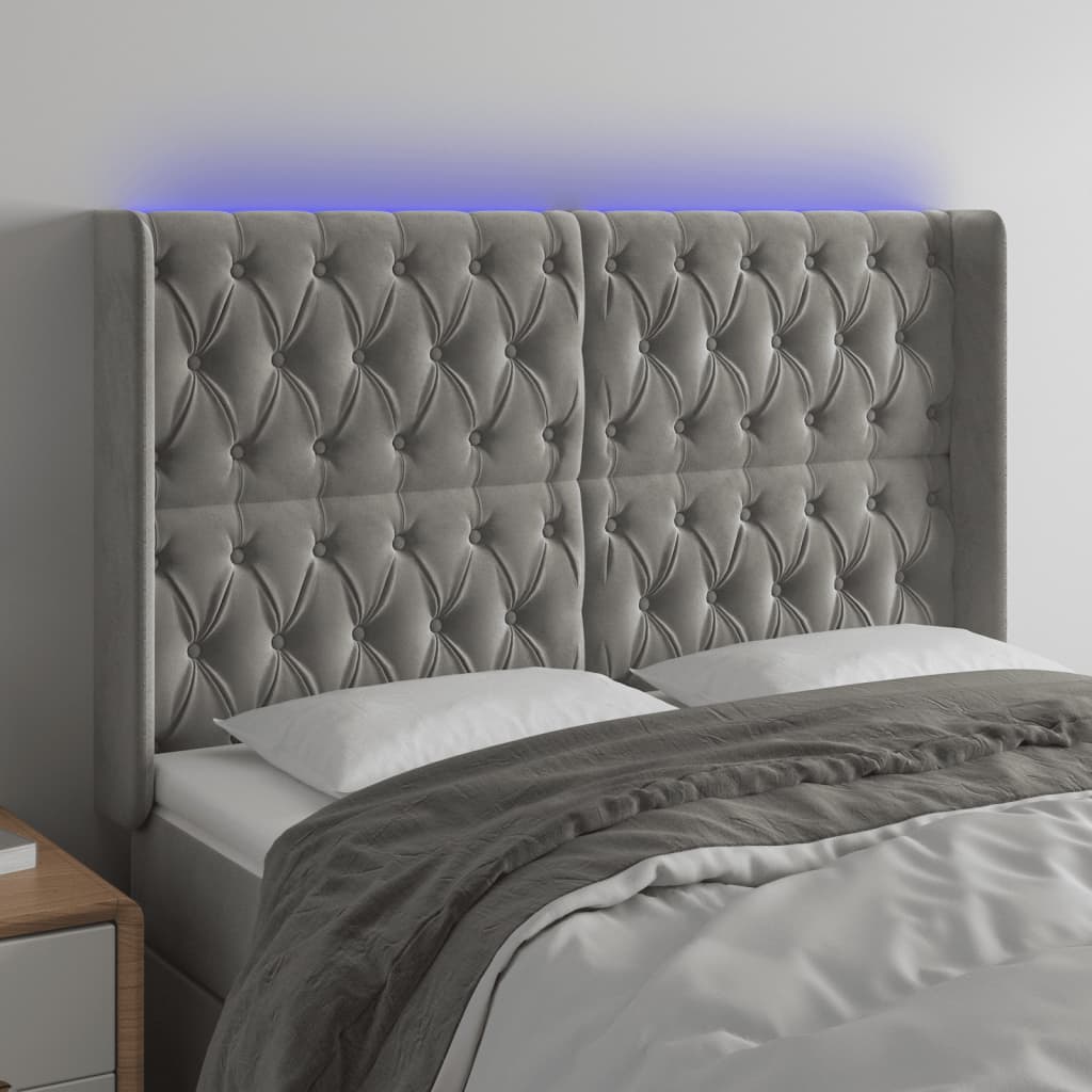 vidaXL Tăblie de pat cu LED, gri deschis, 163x16x118/128 cm, catifea vidaXL Tăblie de pat cu LED, gri deschis, 163x16x118/128 cm, catifea