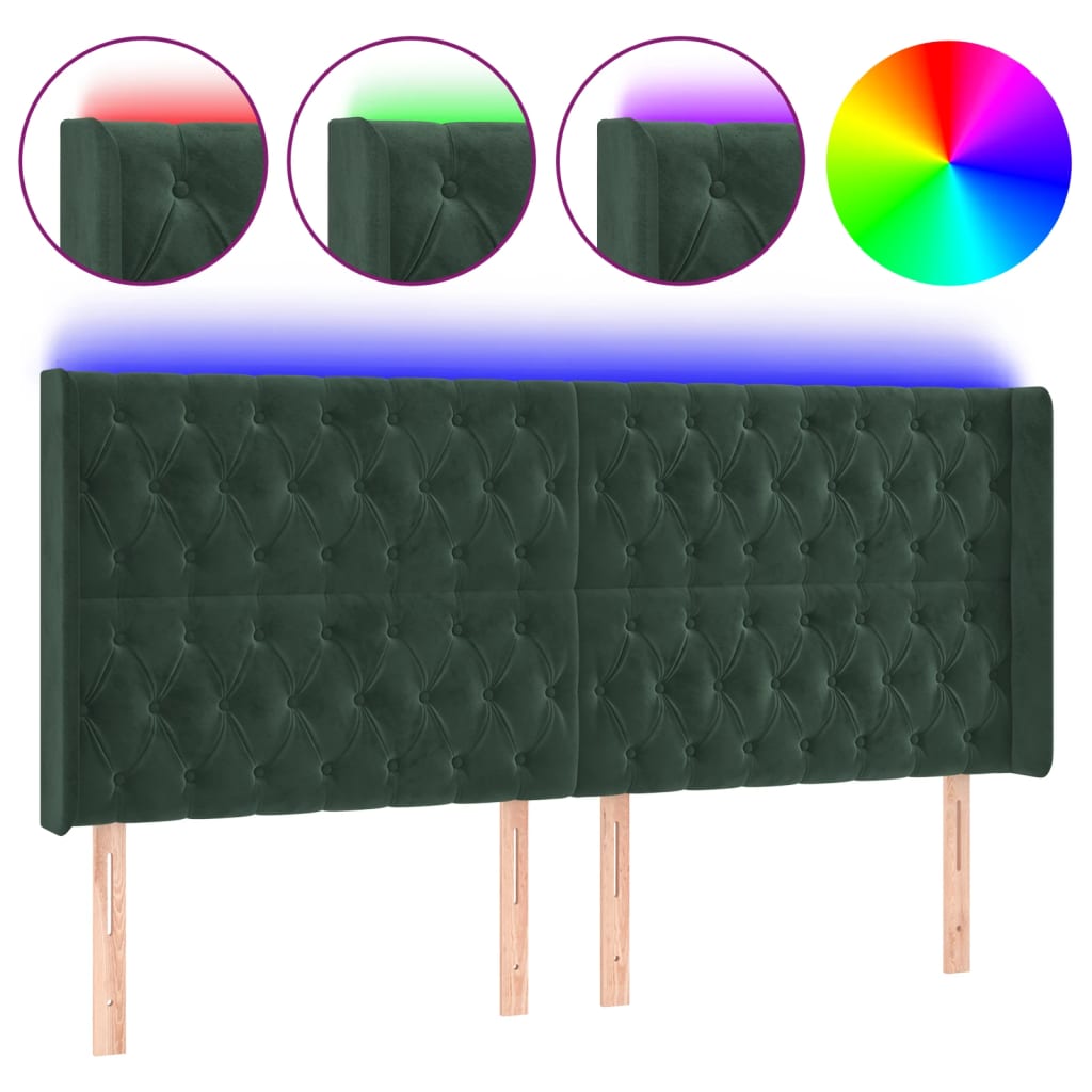 vidaXL Tăblie de pat cu LED, verde închis, 183x16x118/128 cm, catifea vidaXL Tăblie de pat cu LED, verde închis, 183x16x118/128 cm, catifea