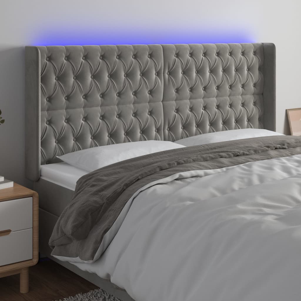 vidaXL Tăblie de pat cu LED, gri deschis, 203x16x118/128 cm, catifea vidaXL Tăblie de pat cu LED, gri deschis, 203x16x118/128 cm, catifea
