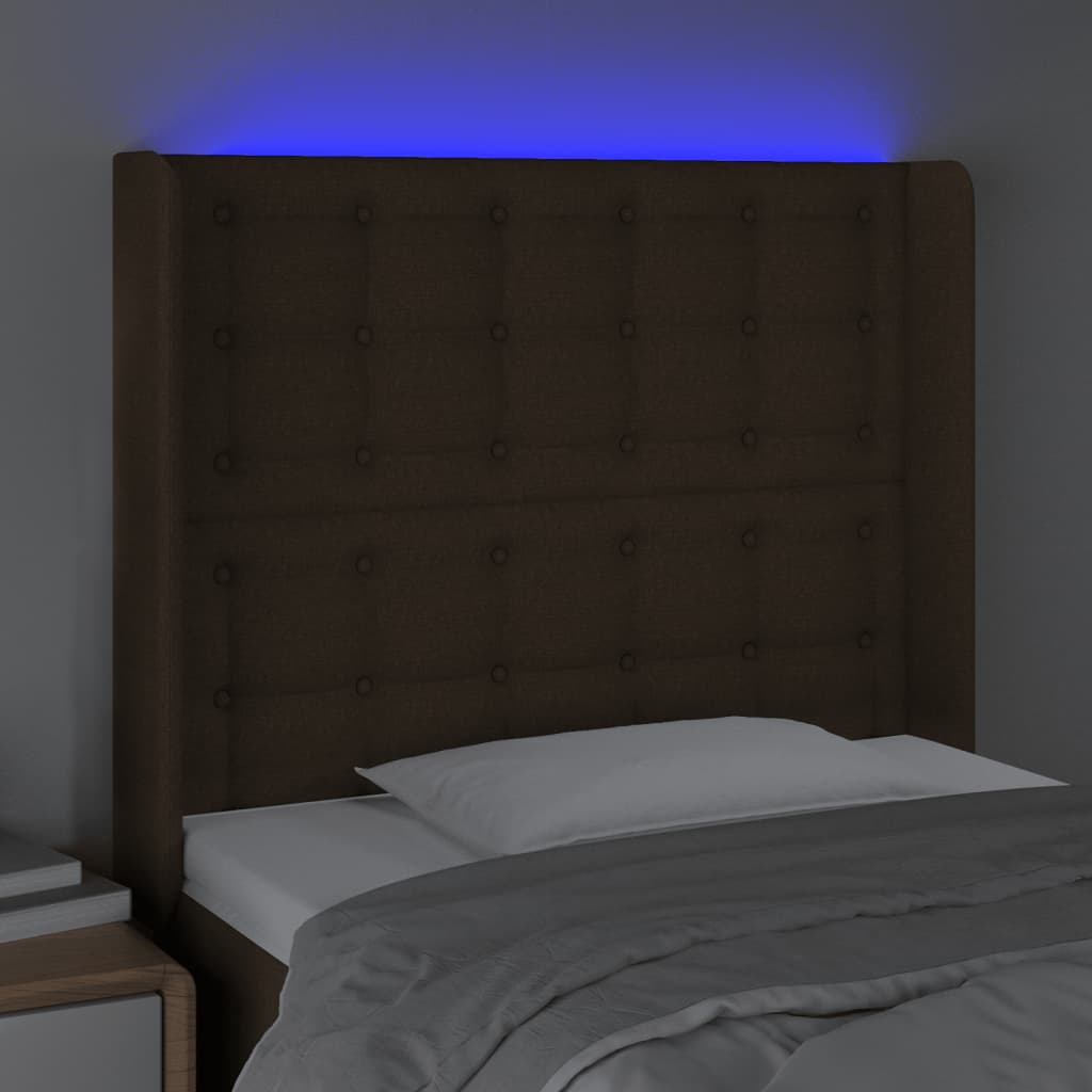 vidaXL Tăblie de pat cu LED, maro închis, 83x16x118/128 cm, textil vidaXL Tăblie de pat cu LED, maro închis, 83x16x118/128 cm, textil