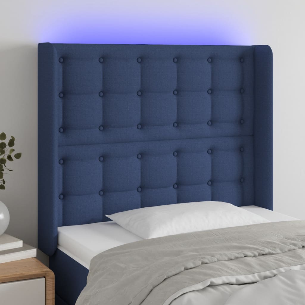 vidaXL Tăblie de pat cu LED, albastru, 103x16x118/128 cm, textil vidaXL Tăblie de pat cu LED, albastru, 103x16x118/128 cm, textil