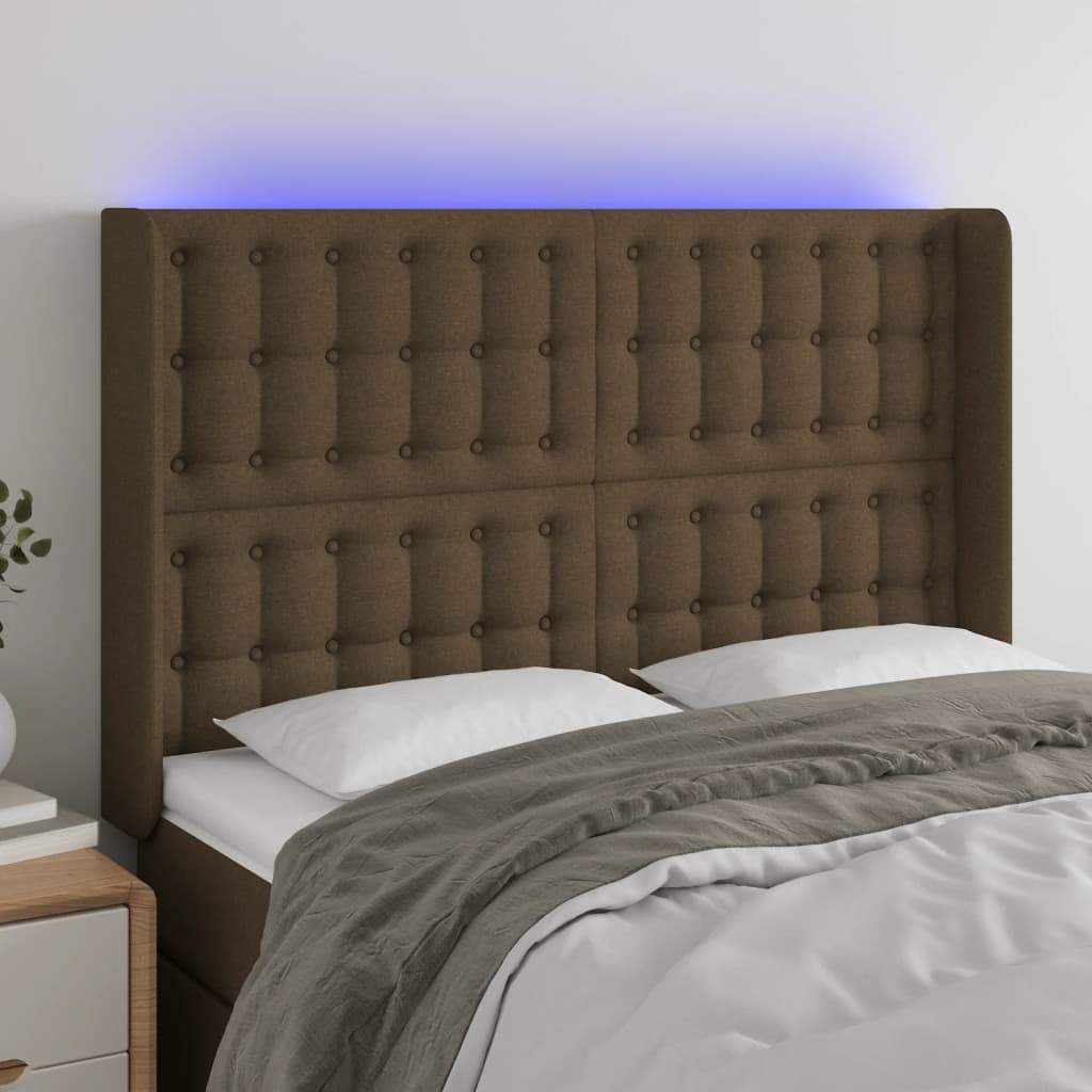 vidaXL Tăblie de pat cu LED, maro închis, 147x16x118/128 cm, textil vidaXL Tăblie de pat cu LED, maro închis, 147x16x118/128 cm, textil