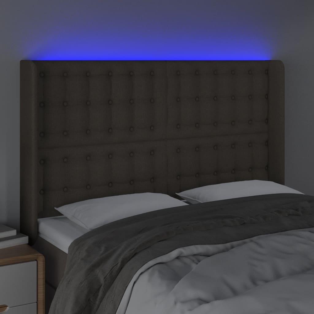 vidaXL Tăblie de pat cu LED, gri taupe, 147x16x118/128 cm, textil vidaXL Tăblie de pat cu LED, gri taupe, 147x16x118/128 cm, textil