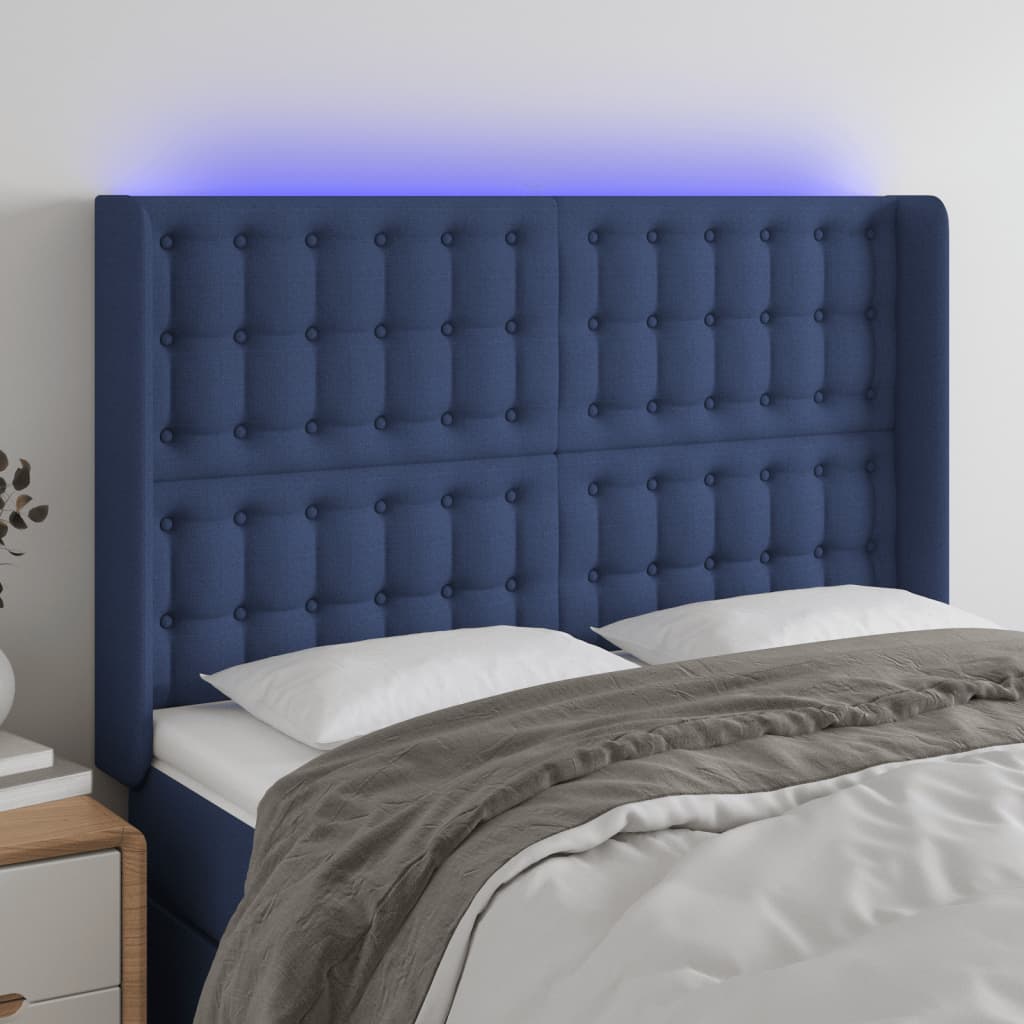 vidaXL Tăblie de pat cu LED, albastru, 147x16x118/128 cm, textil vidaXL Tăblie de pat cu LED, albastru, 147x16x118/128 cm, textil
