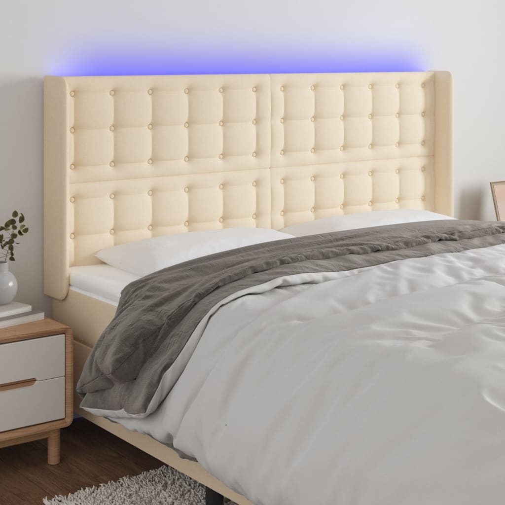 vidaXL Tăblie de pat cu LED, crem, 163x16x118/128 cm, textil vidaXL Tăblie de pat cu LED, crem, 163x16x118/128 cm, textil
