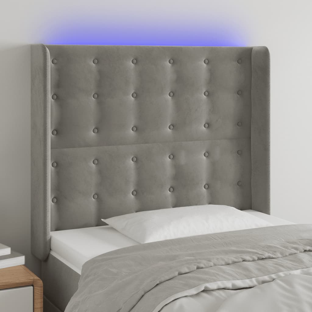 vidaXL Tăblie de pat cu LED, gri deschis, 83x16x118/128 cm, catifea vidaXL Tăblie de pat cu LED, gri deschis, 83x16x118/128 cm, catifea