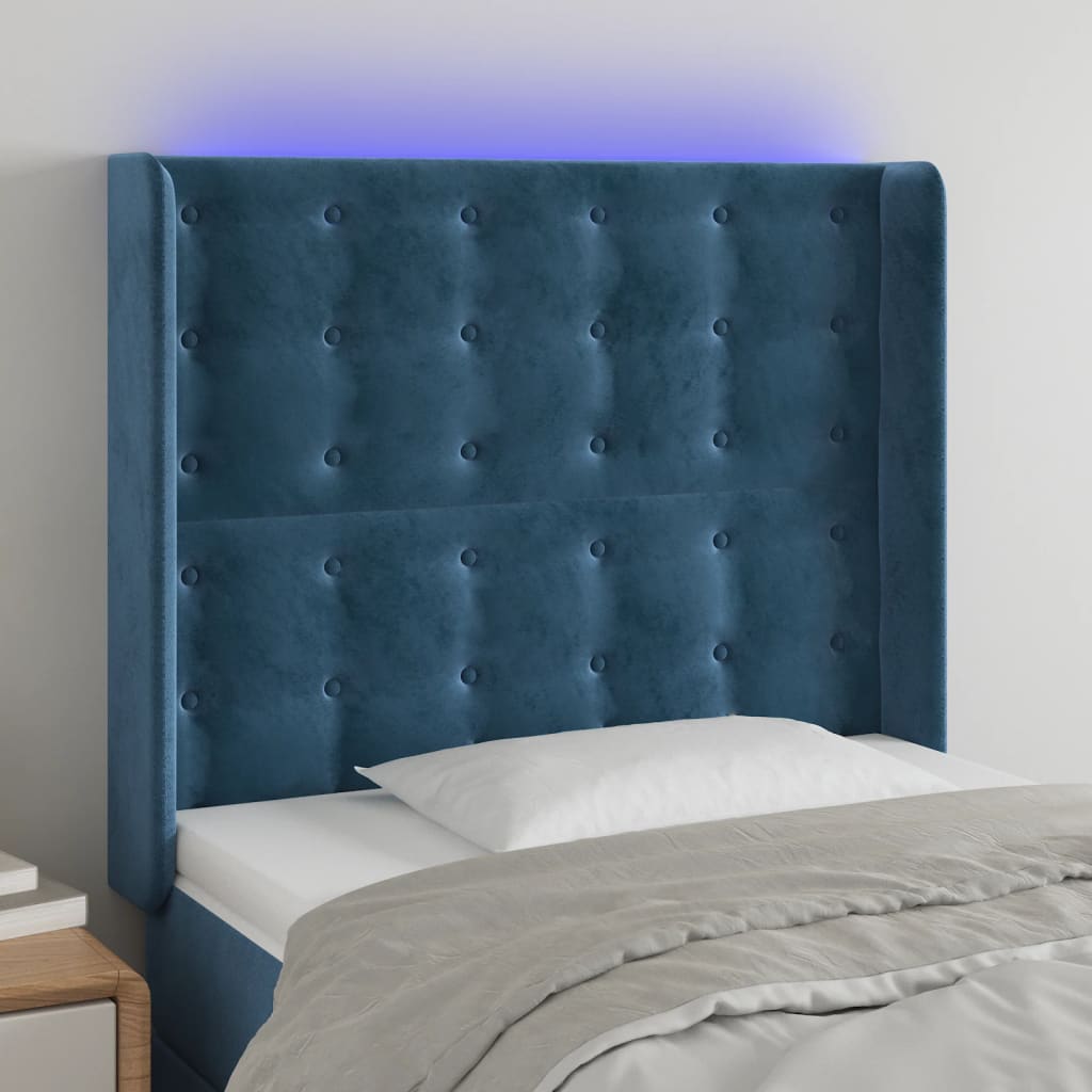 vidaXL Tăblie de pat cu LED, albastru închis, 83x16x118/128cm, catifea