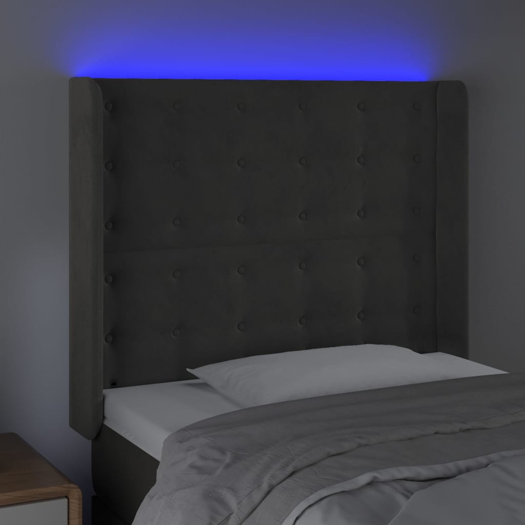 vidaXL Tăblie de pat cu LED, gri închis, 93x16x118/128 cm, catifea vidaXL Tăblie de pat cu LED, gri închis, 93x16x118/128 cm, catifea