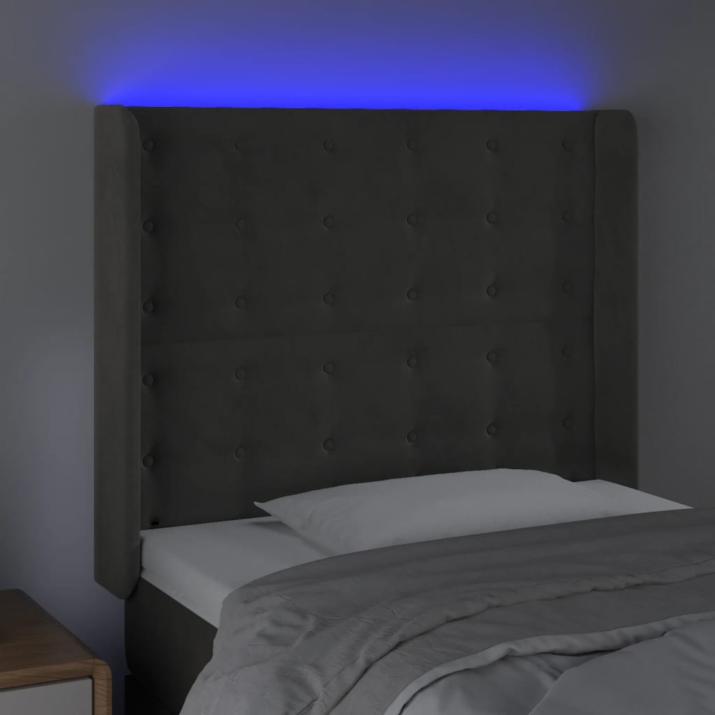 vidaXL Tăblie de pat cu LED, gri închis, 103x16x118/128 cm, catifea vidaXL Tăblie de pat cu LED, gri închis, 103x16x118/128 cm, catifea